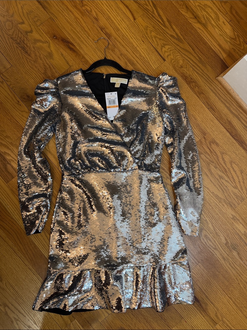 NWT Michael Kors Silver Sequin V-Neck Party Dress, S - Excellent Condition!!!